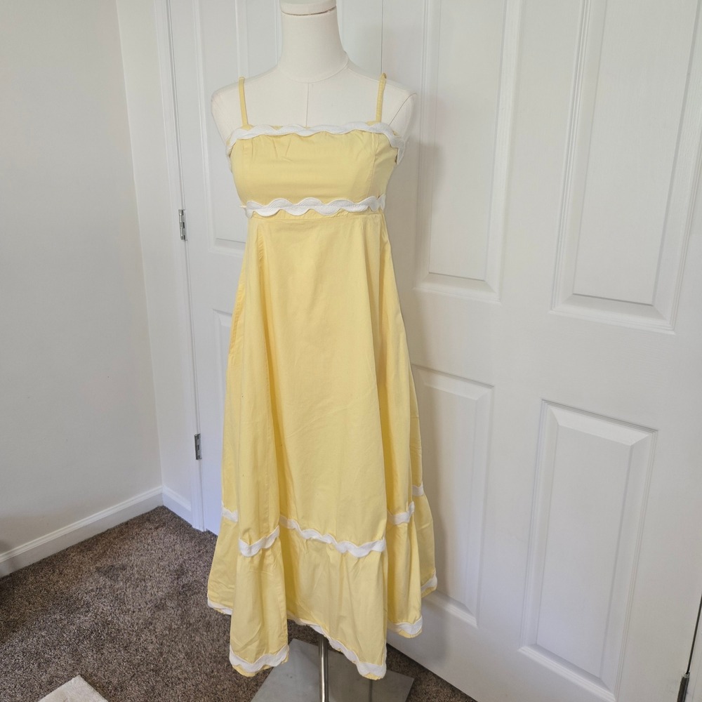 Sun & Sam Midi Sundress Womens Small Yellow Ric Rac Trim Cotton Smocked Pockets